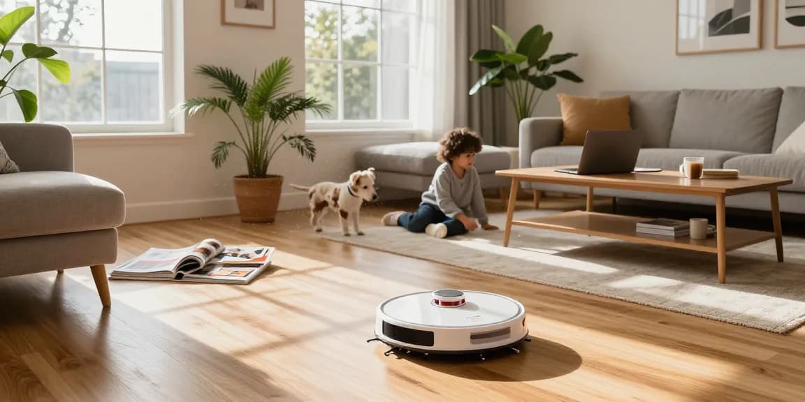 Robot vacuum 2026 actively cleaning a modern living room, showcasing advanced home automation features.