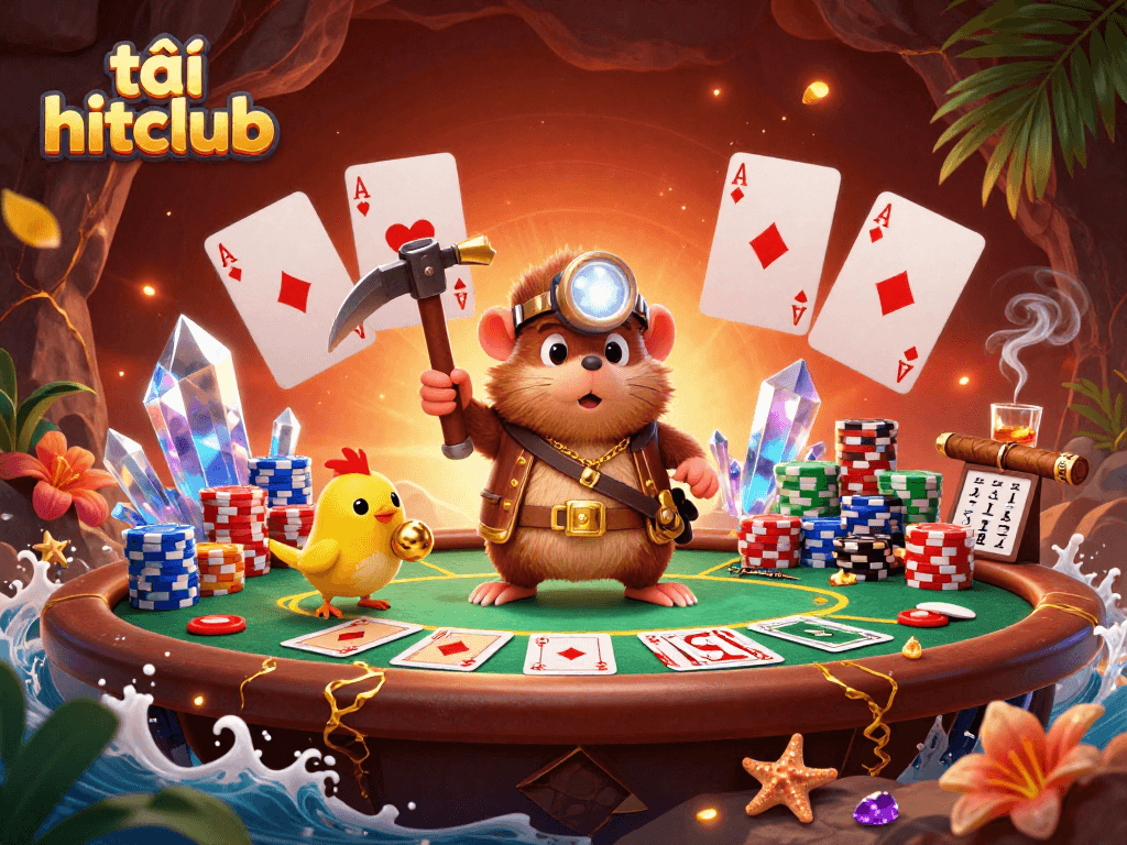 Engage in exciting poker gameplay while tải hitclub with our cartoon treasure hunter mole and vibrant scene.