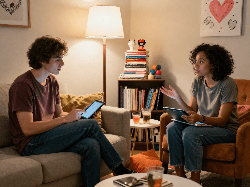 Engaging discussion about sex ai in a cozy, intimate setting with a warm atmosphere.