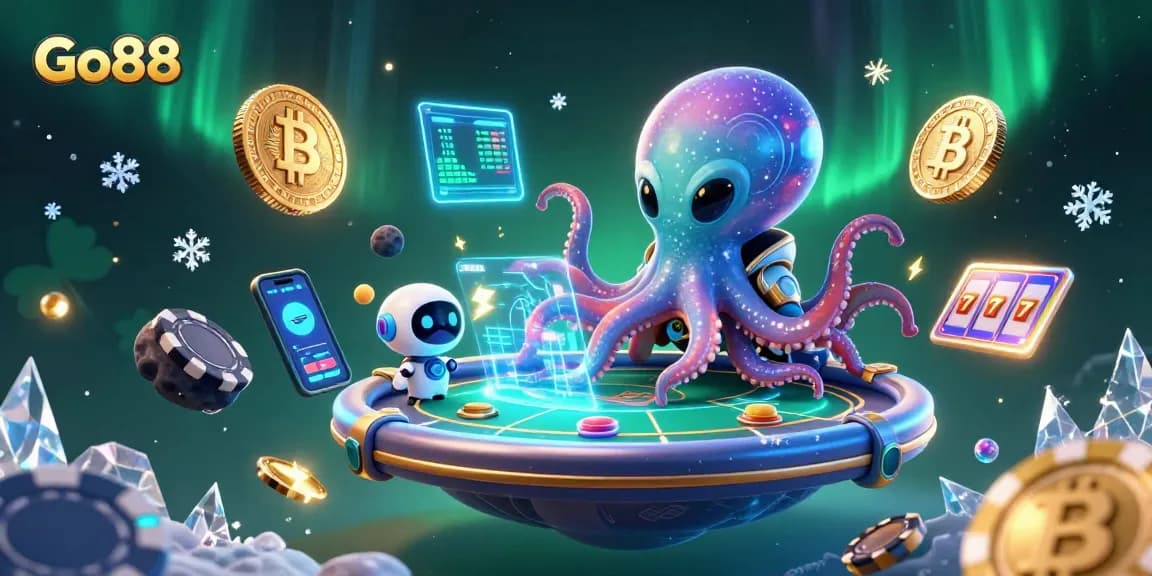 Engage with Go88's lively casino scene featuring an alien octopus and robotic companion at a holographic poker table.
