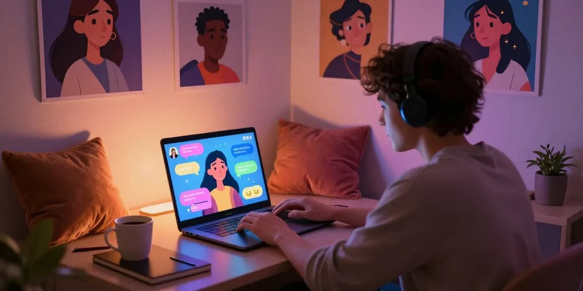 Engaging user interacting with NSFW AI chat in cozy virtual setting.