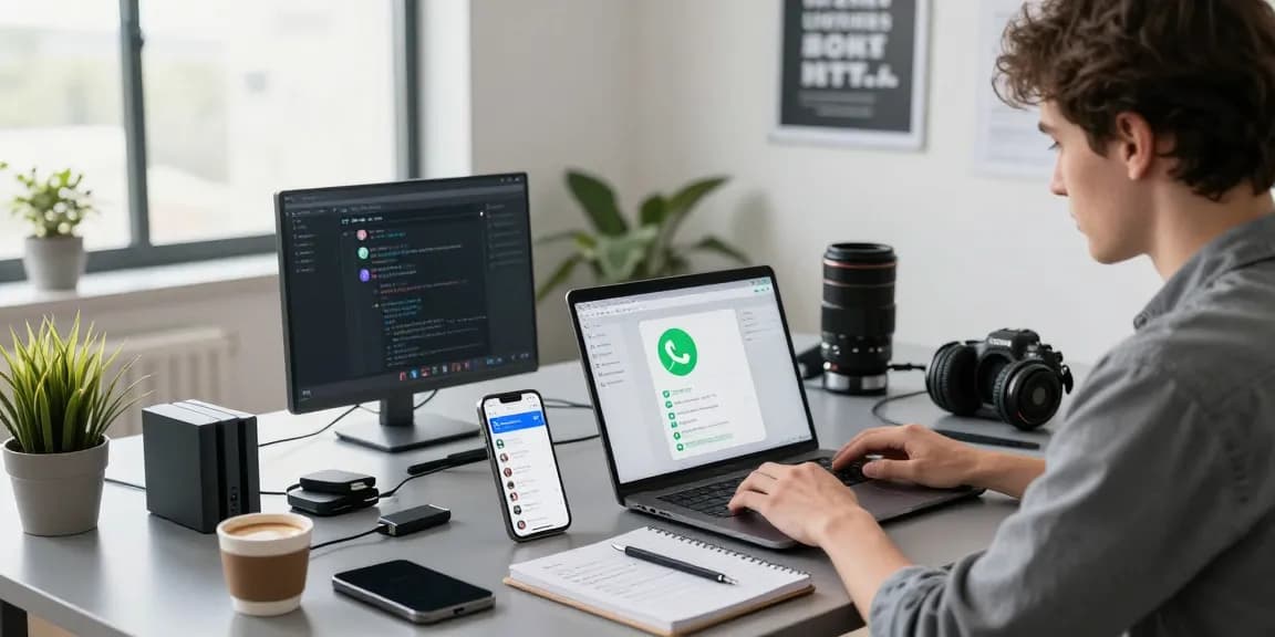 Installing WhatsApp下載 on a laptop in a modern workspace with tech gadgets.