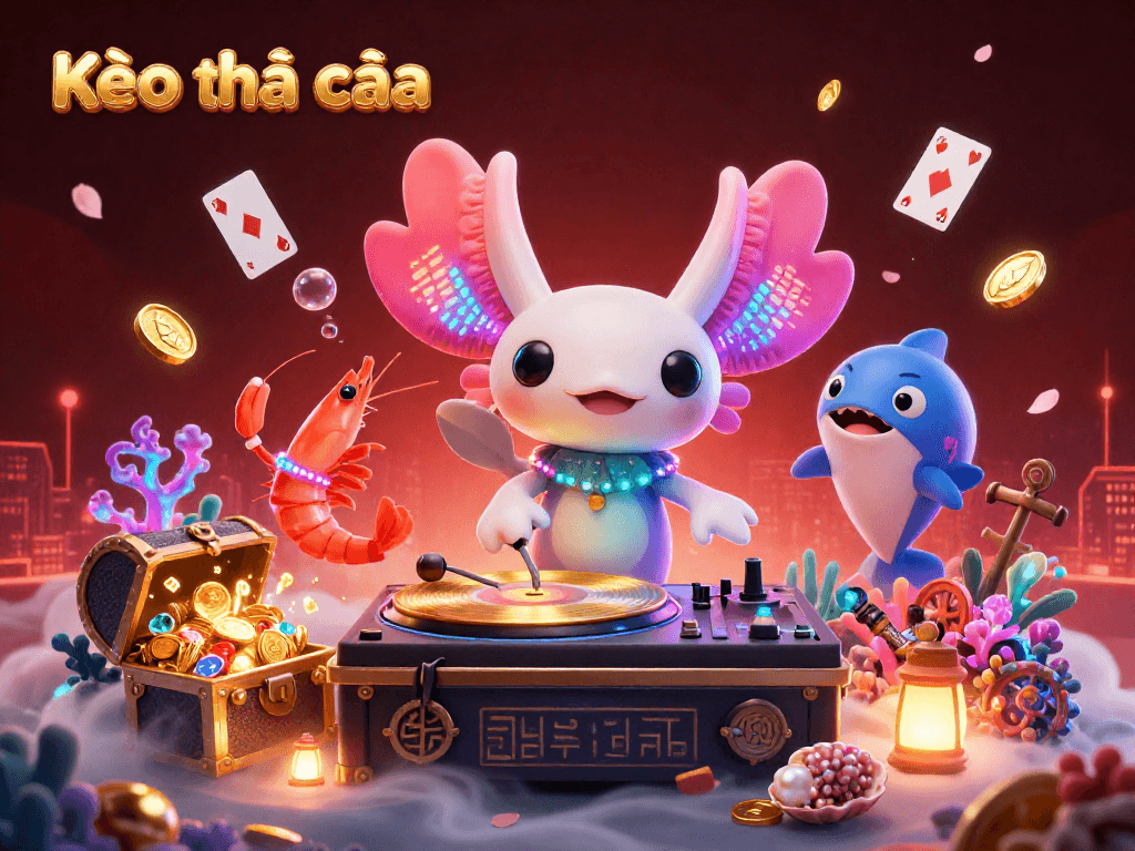 Kèo nhà cái: Dynamic underwater casino scene featuring an axolotl DJ with dancing shrimp and a hype-man blowfish.