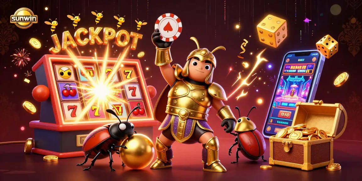 sunwin triumphantly celebrating a jackpot with a gladiator beetle and golden casino elements