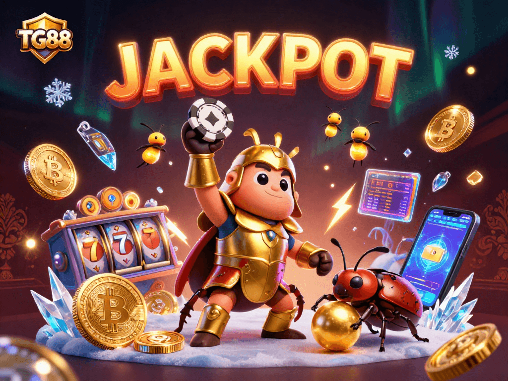 Win big with TG88 in a vibrant casino scene featuring characters celebrating a jackpot.