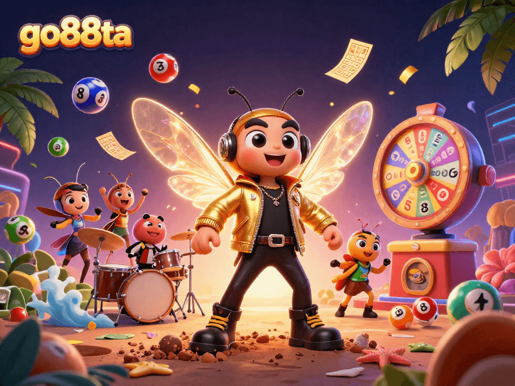 Engage with go88ta's vibrant lottery scene featuring a cicada rockstar and dynamic gaming elements.