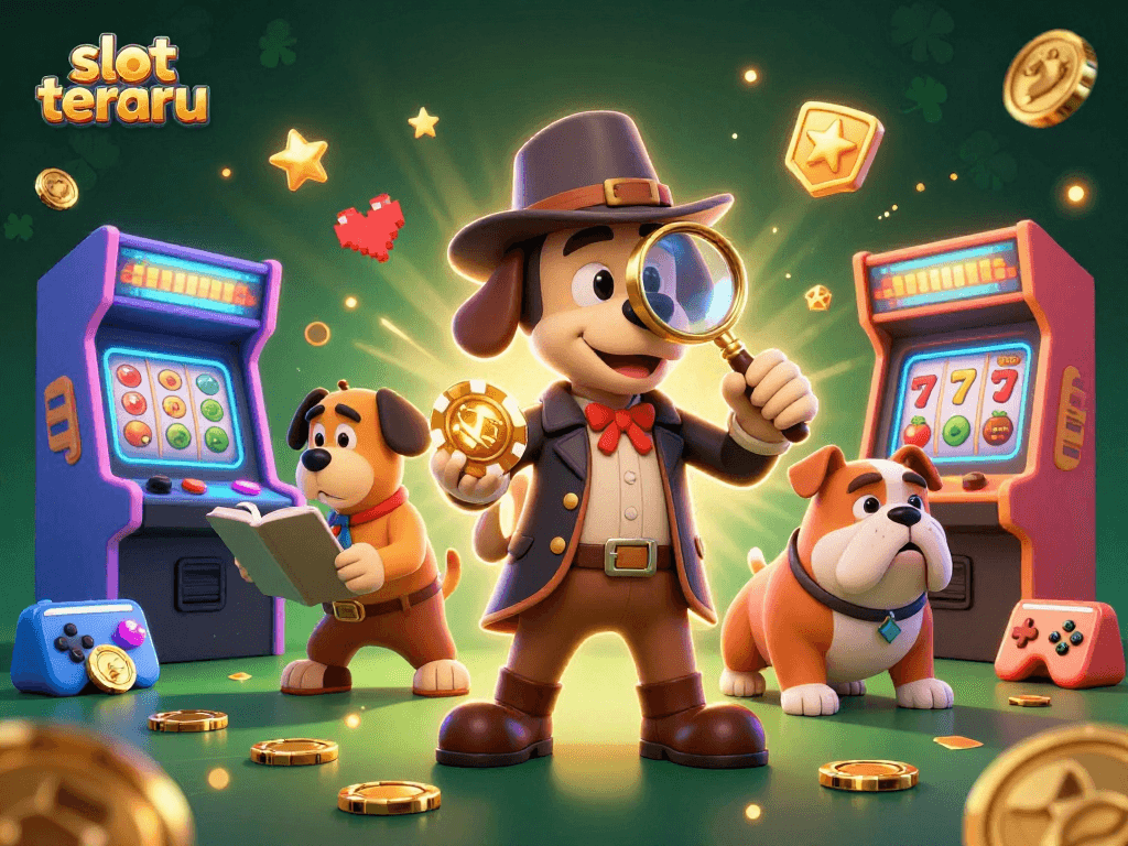 Join the excitement of slot terbaru with a detective uncovering jackpot clues in a vibrant casino scene.