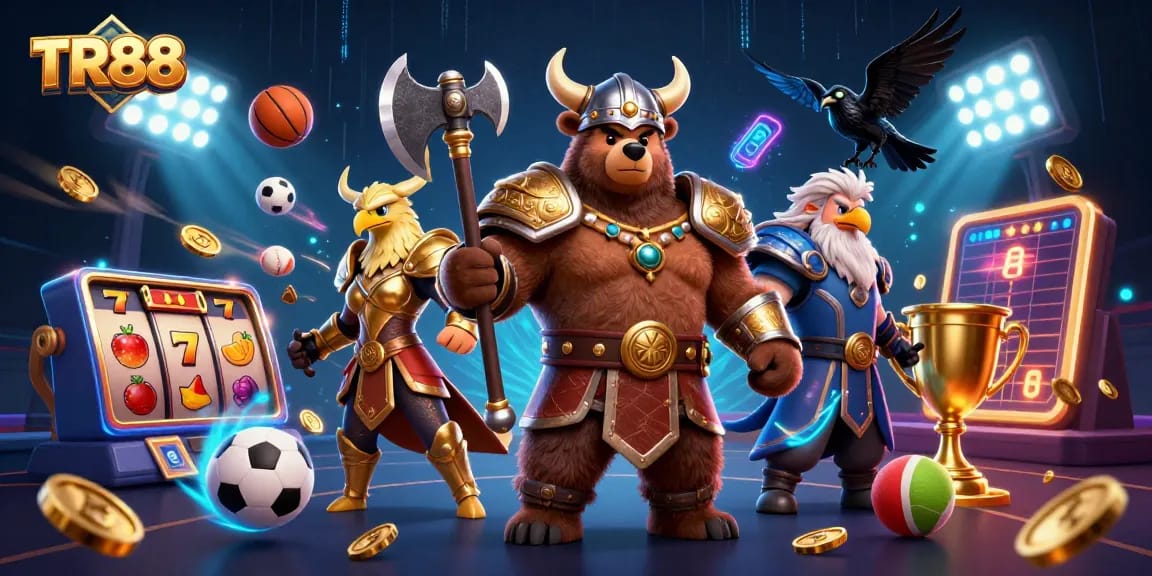 Bet on TR88 with a fantasy scene featuring Viking bear and Valkyrie in an epic casino setting.