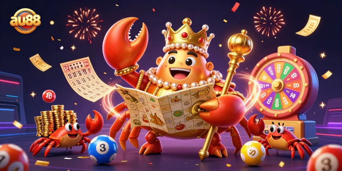 Join the excitement at au88 as colorful lottery balls bounce around the golden crab emperor in this festive casino scene.
