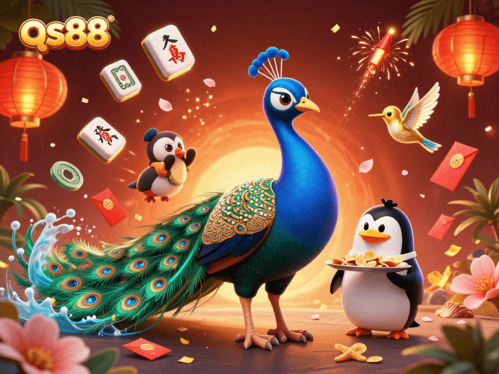 Experience thrilling gameplay at qs88 with a peacock and friends in a vibrant casino scene.