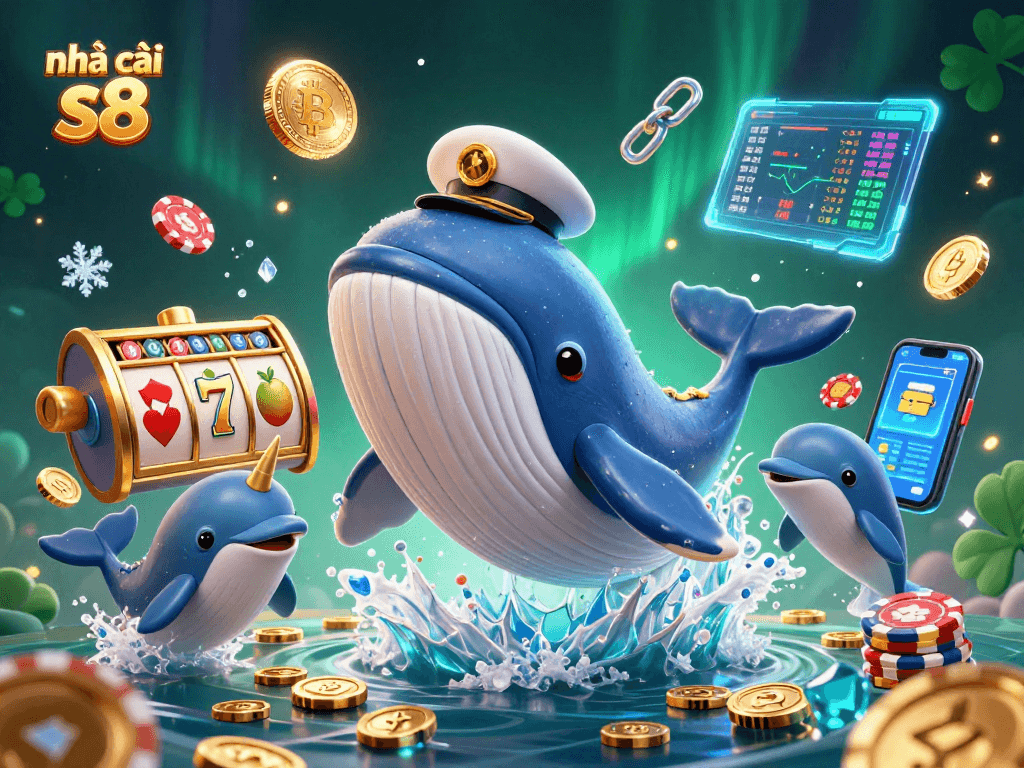 Engage in fun with nhà cái s8 while festive sea creatures celebrate amidst jackpot slots and glowing crypto coins.
