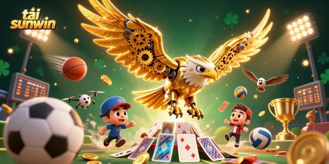 Experience the thrill of tải sunwin as the golden eagle swoops through animated cards and sports elements.