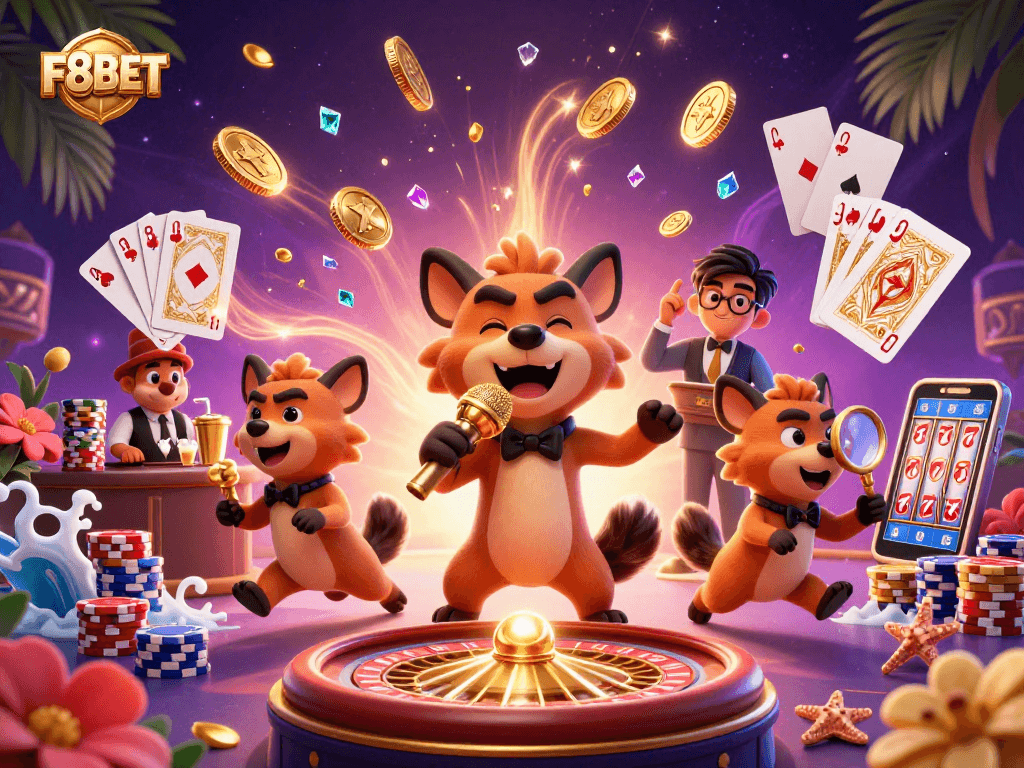 Experience the vibrant energy of F8BET through a lively casino scene with hyena characters engaging in fun activities.