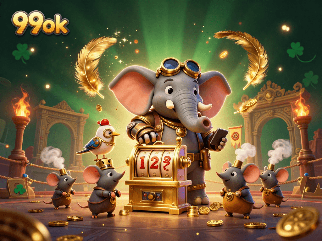 Spin the golden slot machine in this vibrant 99ok casino scene with a steampunk elephant engineer.