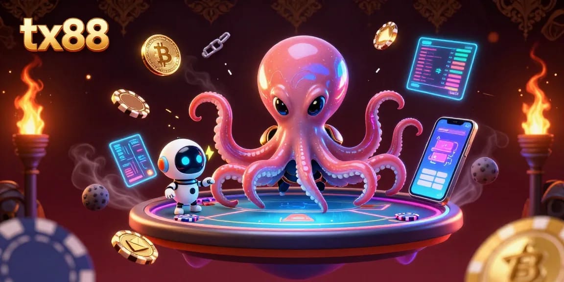Experience tx88 with an exhilarating 3D poker scene featuring an alien octopus and robot amid crypto elements.