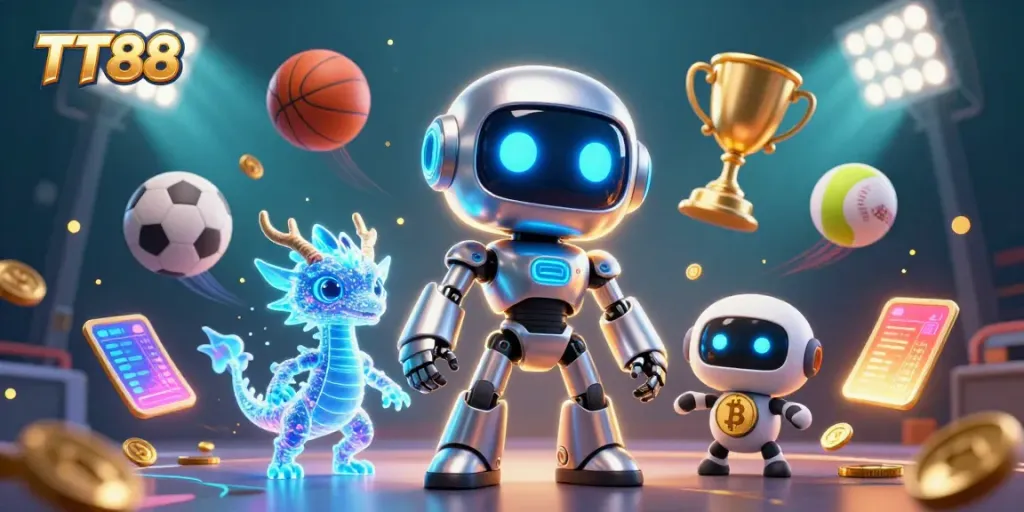 TT88 offers innovative online gaming with a dynamic cyberpunk robot and captivating holographic dragon.