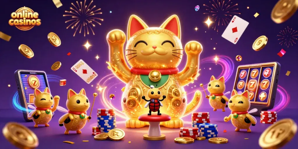 Experience excitement at online casinos with vibrant visuals of a giant lucky cat and casino symbols.