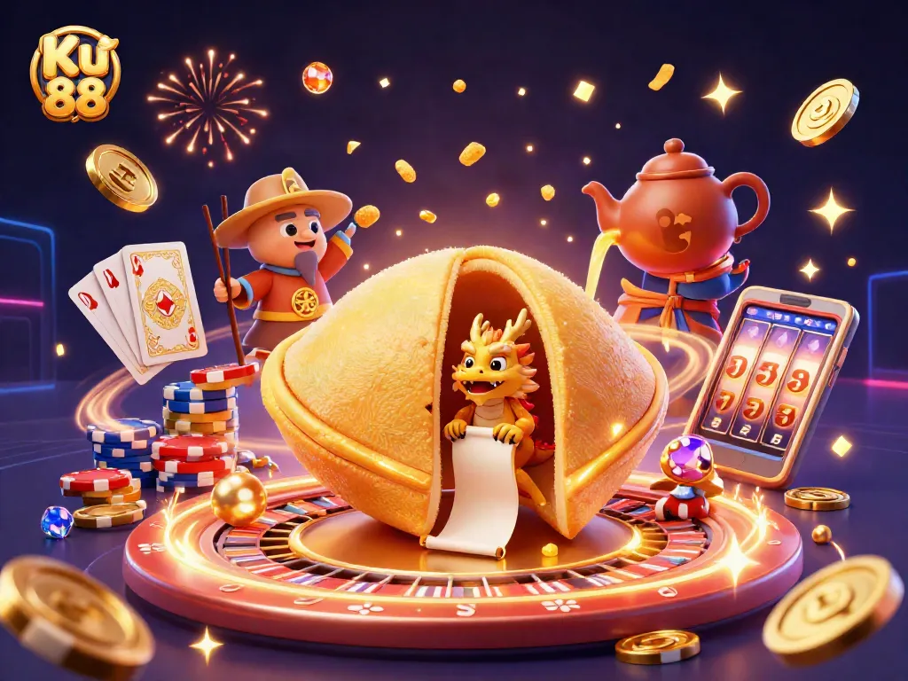 Experience the thrill of Ku 88 with vibrant symbols of fortune, riches, and dynamic casino excitement.
