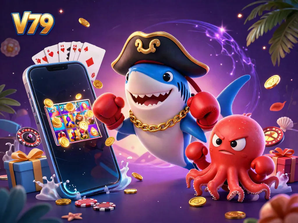 Play exciting games at V79 with a colorful 3D scene featuring a shark, pufferfish, and octopus, showcasing vibrant casino elements.