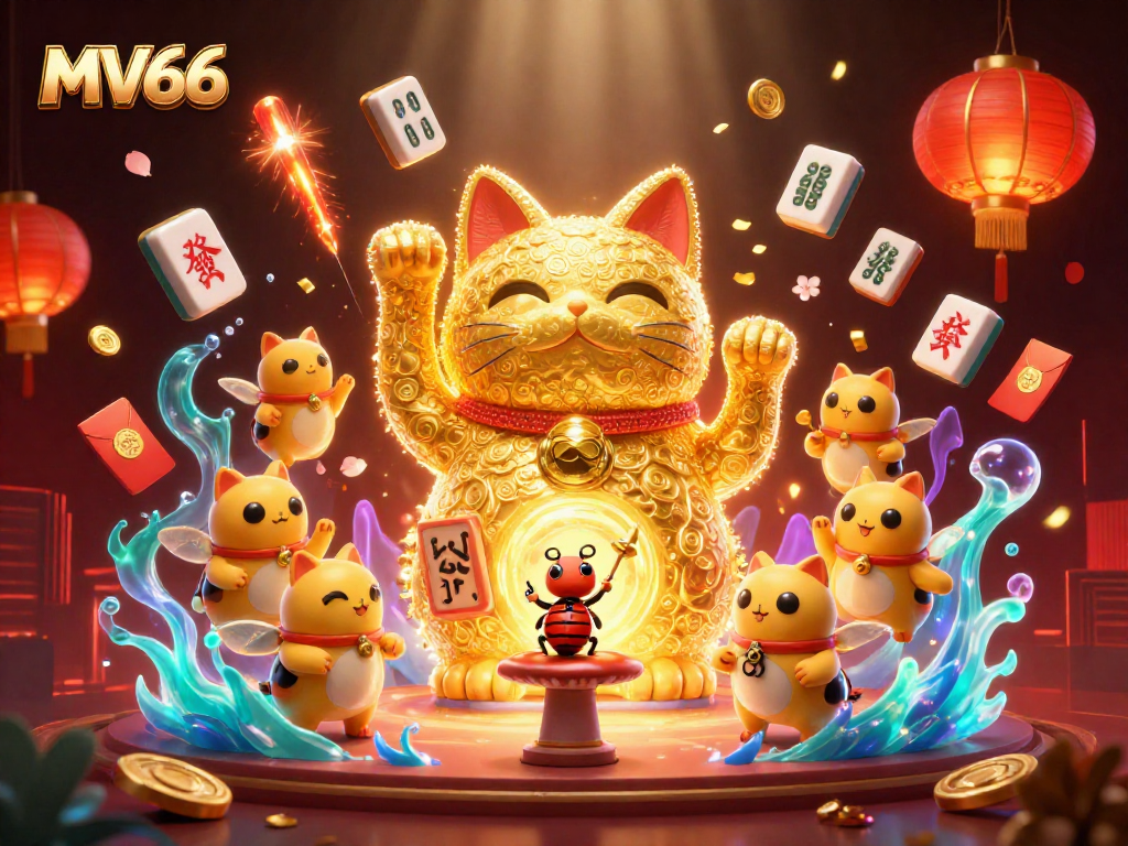 Experience the golden glow of MV66 with a lucky cat and vibrant gaming symbols in captivating 3D design.