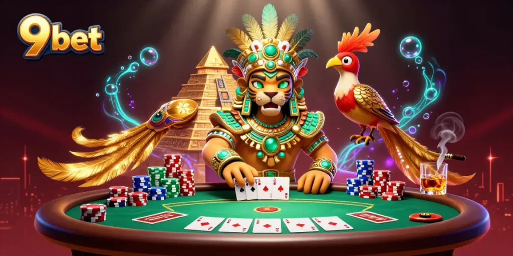 Engage in thrilling gameplay at 9 bet with a vibrant casino scene featuring poker elements and captivating characters.