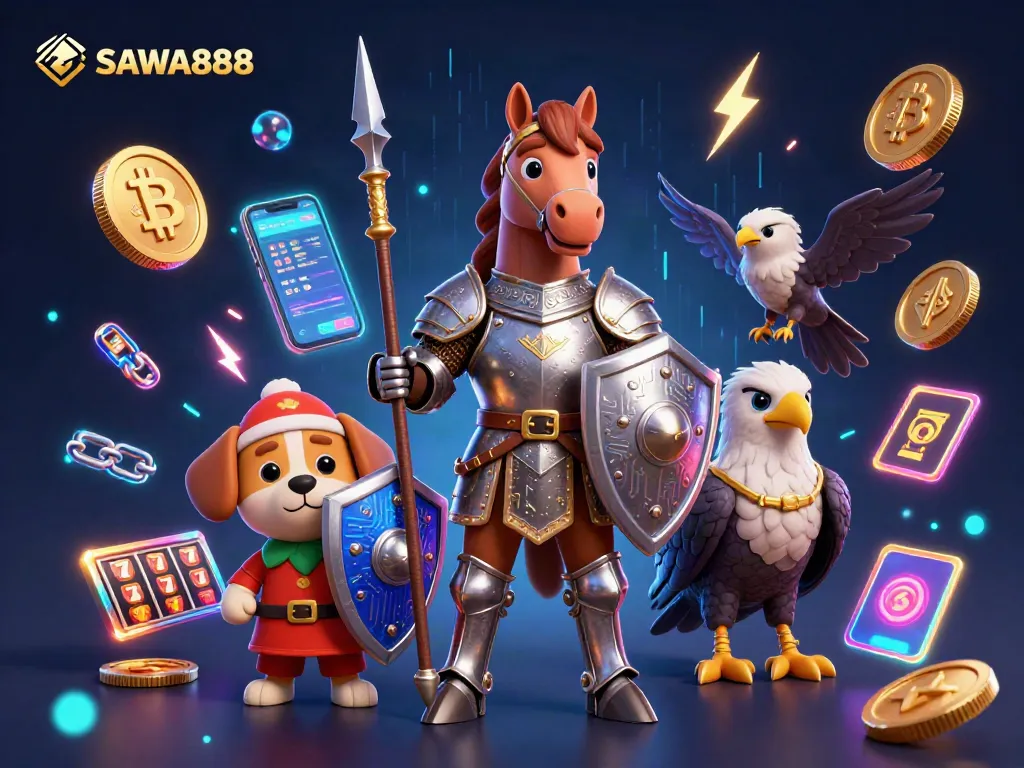 Engage with SAWA888 at the medieval fantasy casino with knights, crypto coins, and vivid game symbols.