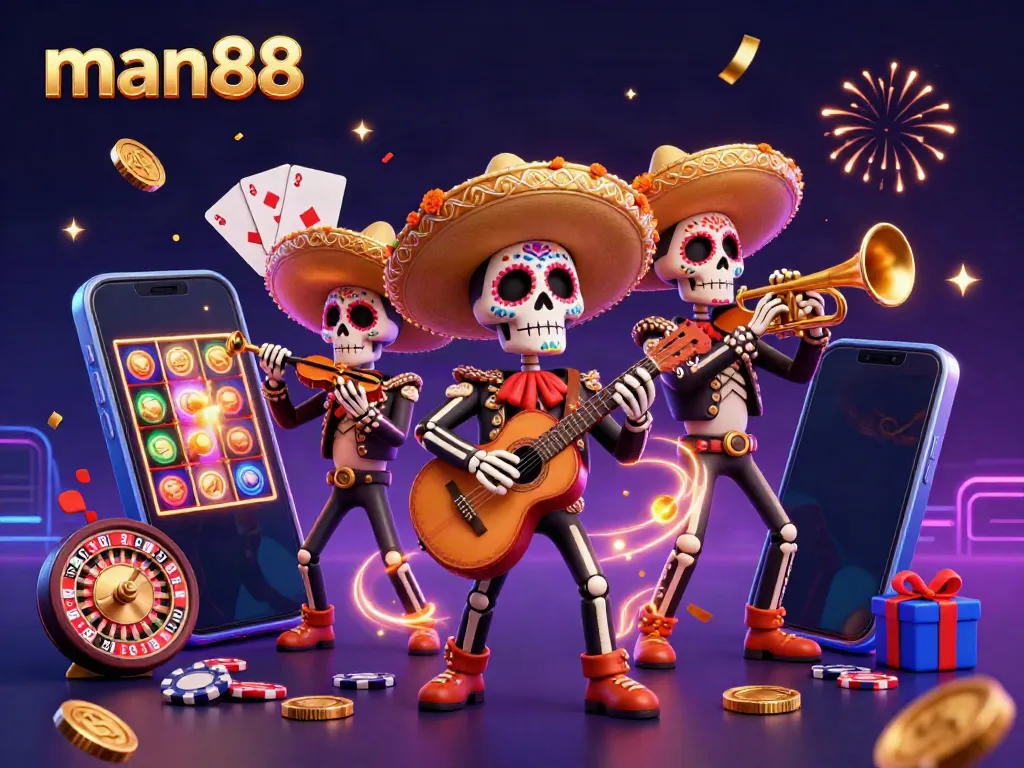 Experience man88's vibrant casino atmosphere with a lively Day of the Dead mariachi band and engaging gaming elements.