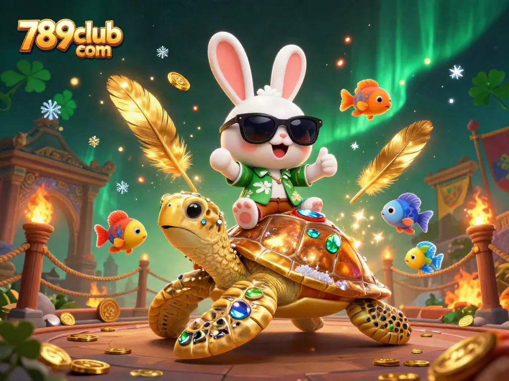 Engaging 3D cartoon scene showcasing 789club com featuring a lucky rabbit and golden turtle amidst vibrant casino elements.