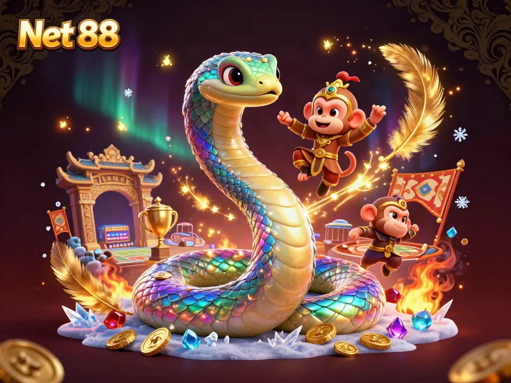 Engage in thrilling Net 88 sports betting as a vibrant monkey king swings through a dynamic gambling scene.