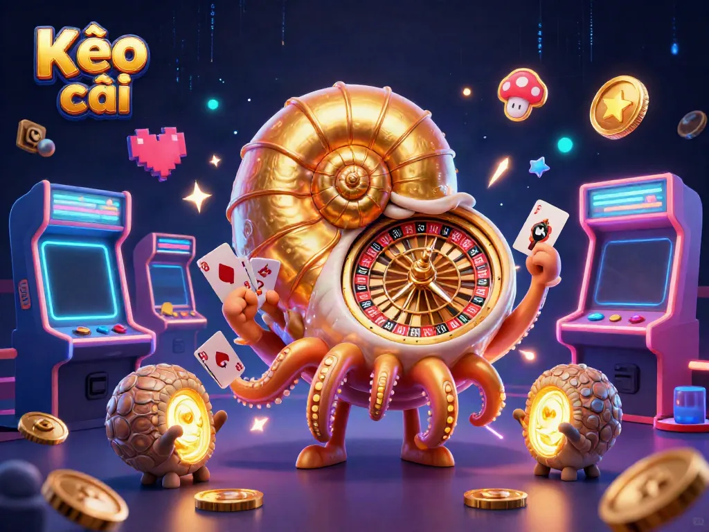 Engage in Kèo nhà cái with a vibrant 3D cartoon scene showcasing an ancient nautilus roulette wheel and glowing fossil companions.