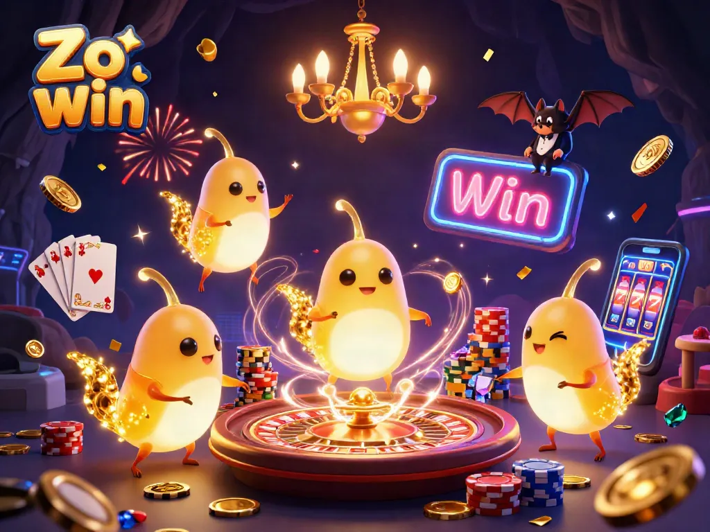 Experience Zo win at the vibrant casino as glowworms illuminate games and golden coins fly.