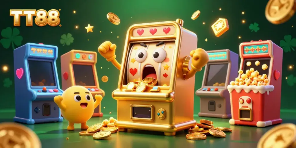 TT88 slot machine celebrates hitting a jackpot with coins pouring out, surrounded by cheering machines.