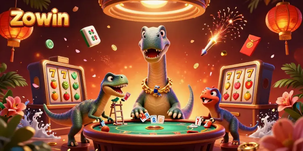Engage with the casino scene in zo win, featuring a colossal brontosaurus and a raptor dealer.