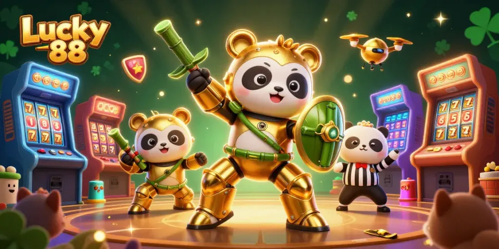 Engage in thrilling gameplay with Lucky 88 as a golden panda controls a bamboo robot in a vibrant 3D arcade.