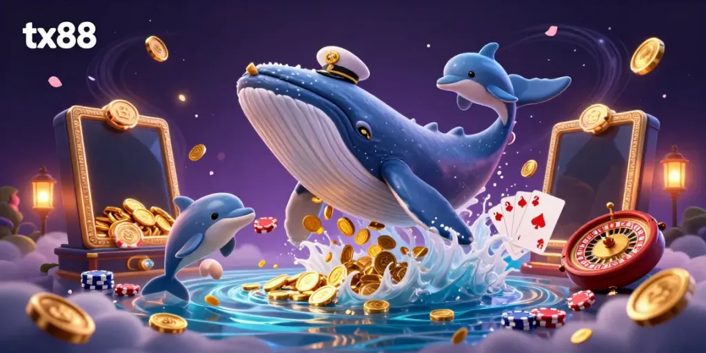 Experience thrill and excitement at tx88 with a whimsical scene featuring a giant whale and playful dolphins surrounded by casino elements.