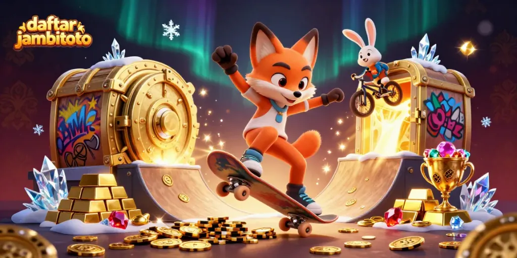 Experience daftar jambitoto excitement with a vibrant scene featuring a skateboarder fox and BMX rabbit in a casino environment.