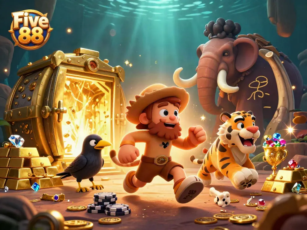 Experience exciting gameplay at Five 88 with vibrant casino characters and dynamic treasure elements.
