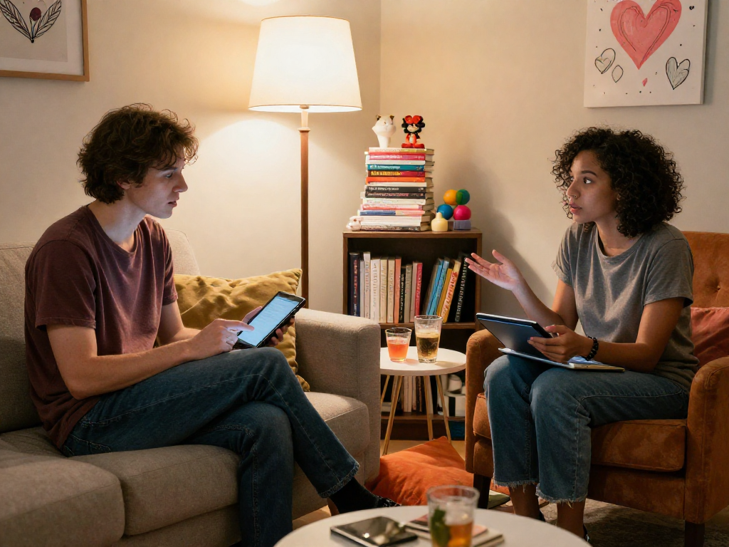 Engaging discussion about sex ai in a cozy, intimate setting with a warm atmosphere.