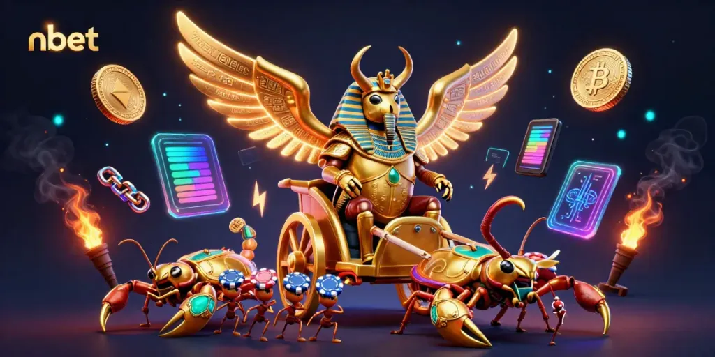 Engage with nbet as the colossal golden beetle pulls a chariot amidst a vibrant casino-themed backdrop.