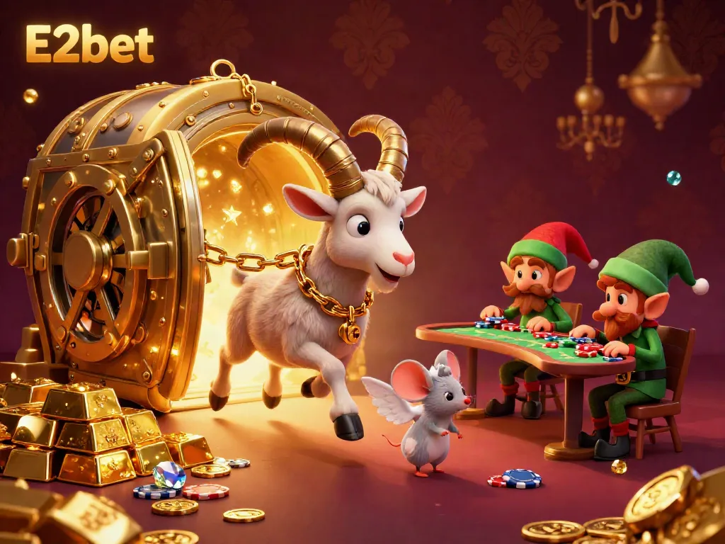 E2bet holiday-horror casino scene with cartoon characters and treasure elements.