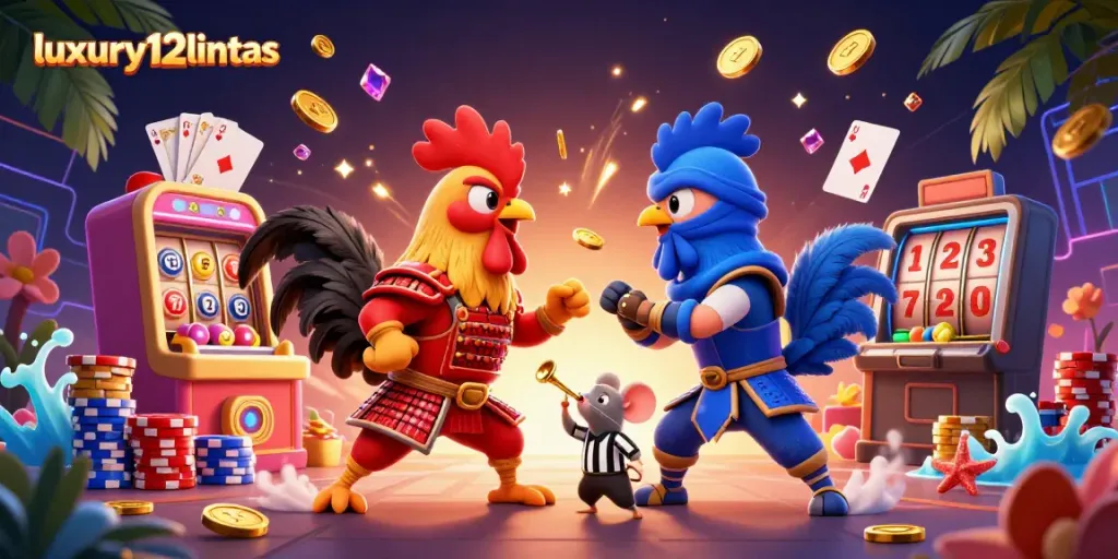 Menangkan jackpot di luxury12lintas dengan ayam jantan bertarung dan mesin lotere di latar belakang.