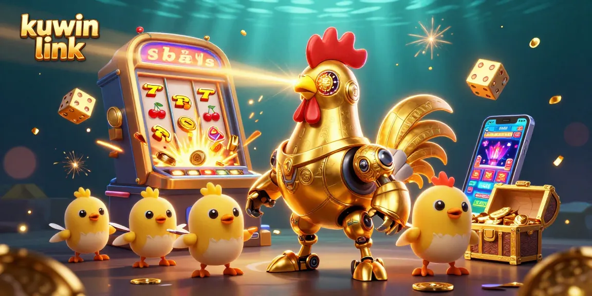 Engage with exciting kuwin link action featuring golden rooster robot amidst vibrant casino elements.
