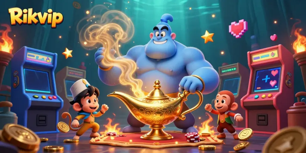 Play games on Rikvip with a vibrant genie, monkey, and treasures in a 3D fantasy casino.