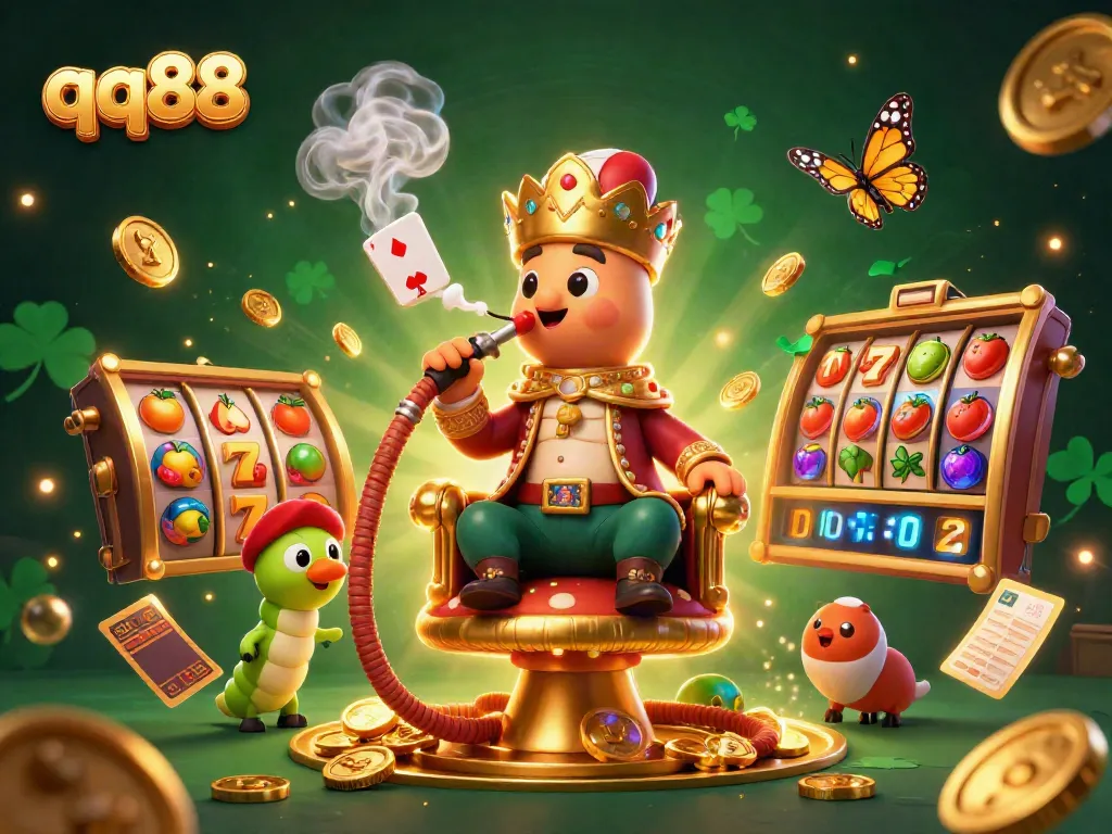 Engage with qq88 as a cartoon caterpillar masterfully illustrates casino excitement, surrounded by rich game elements.