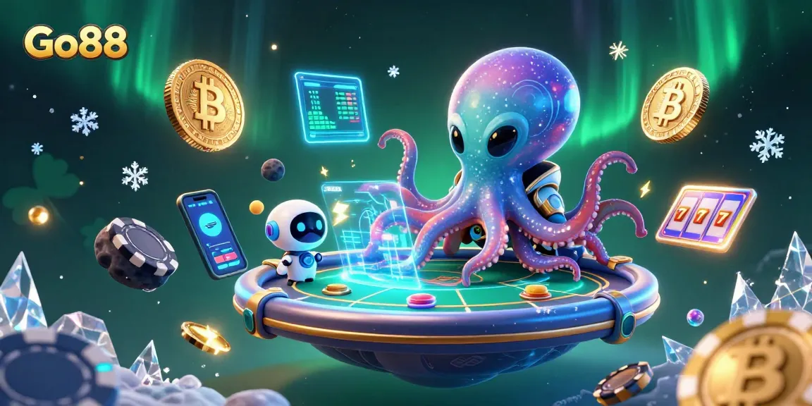 Engage with Go88's lively casino scene featuring an alien octopus and robotic companion at a holographic poker table.