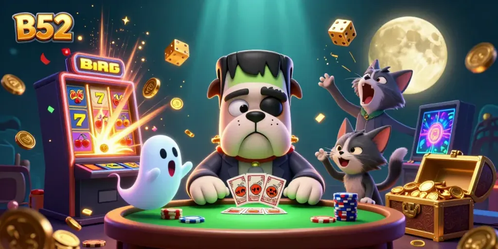 B52 gaming scene with a Frankenstein bulldog dealing cards and a werewolf kitten howling, surrounded by jackpots and treasure.