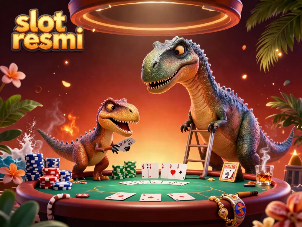 Engaging gaming scene showcasing colorful poker activity and a towering dinosaur for slot resmi enthusiasts.