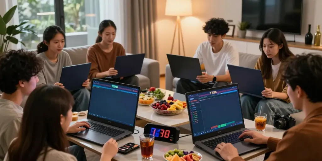 Friends enjoying an online gaming night, engaging with TX88 at home.