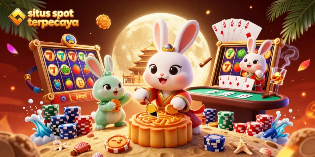 Engage with the situs slot terpercaya scene featuring a cartoon rabbit revealing poker chips within mooncakes, vibrant slot reels, and casino elements.