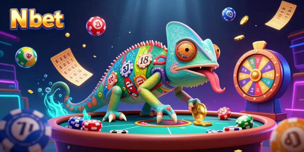 N bet showcases vibrant gaming action with a colorful casino chameleon and energetic lottery elements